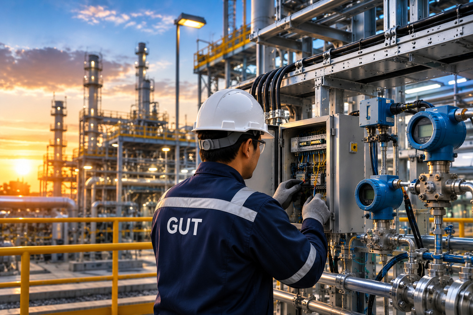 Pekerjaan instrumentation pada fasilitas industrial.